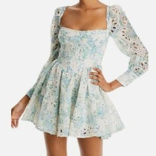 Bardot Lila Flounce Eyelet Dress US 6 Long Sleeve Mini Dress Water Floral $189