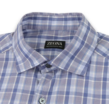 Ermenegildo Zegna Centoquaranta Twill Shirt Mens Medium Blue Plaid Button-Down