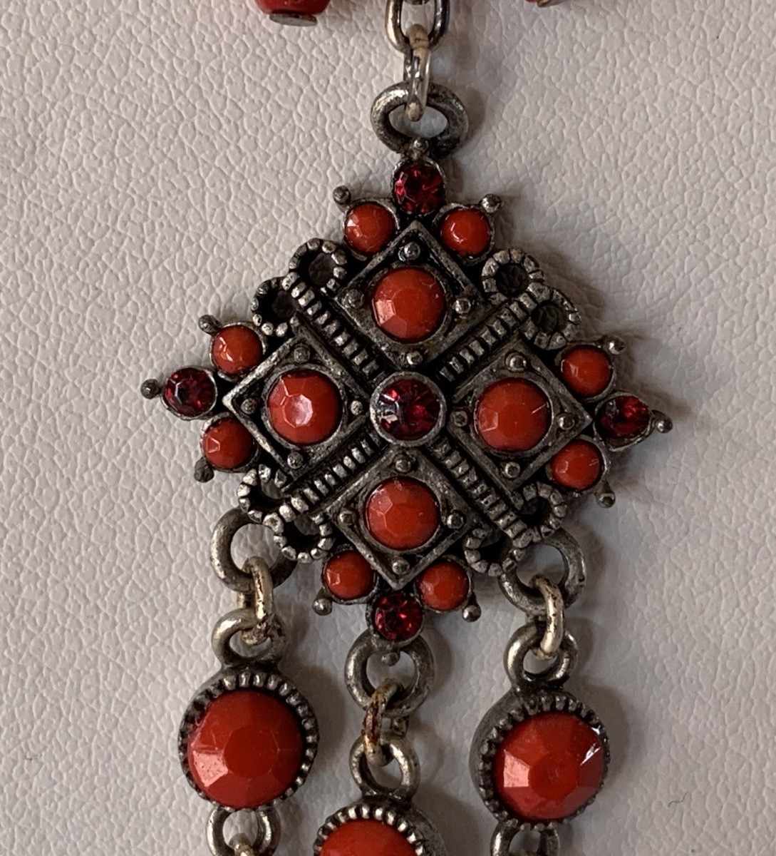 Delicate Designed Silvertone Red Beaded Pendant N… - image 14
