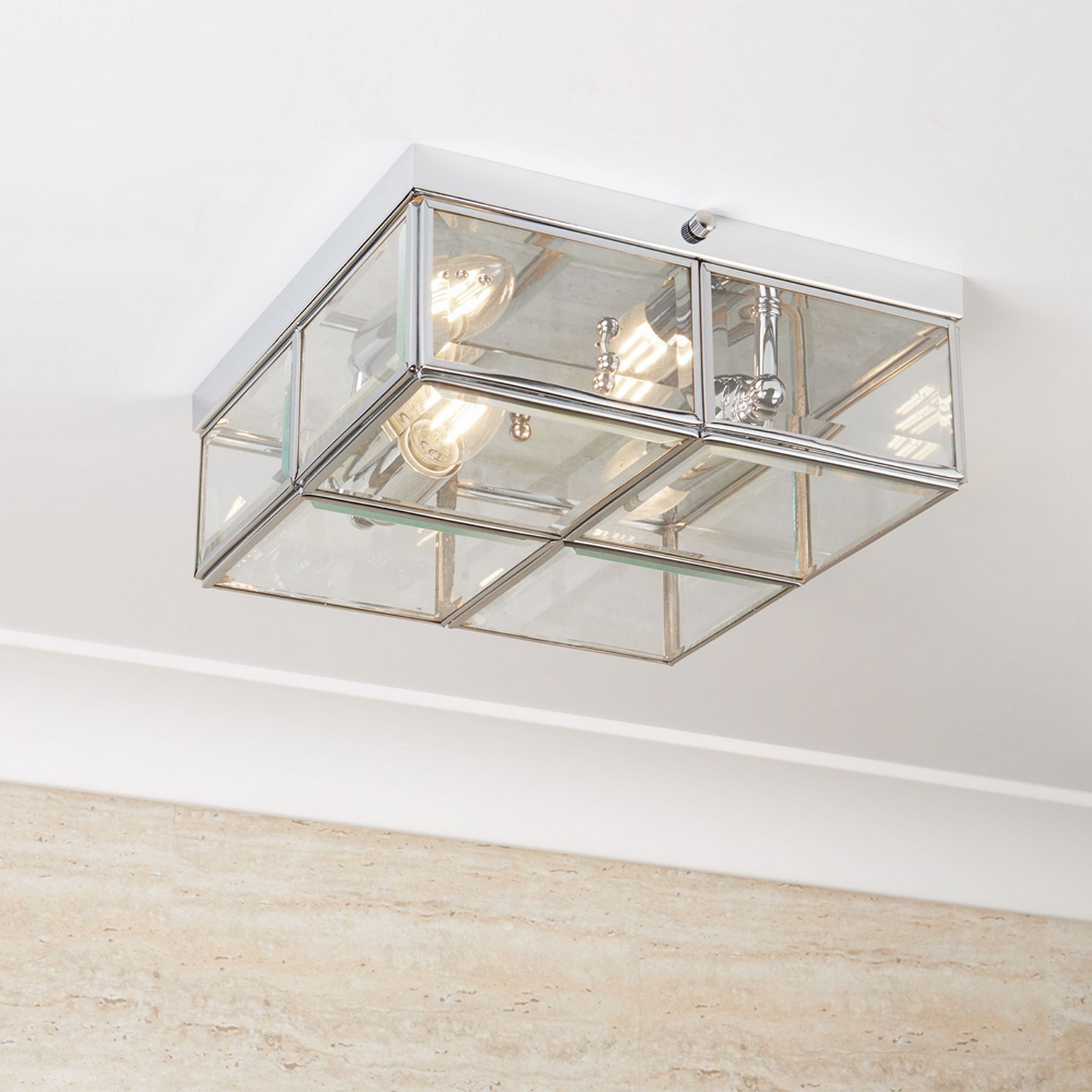 2 Light Chrome Flush Ceiling Mount Fitting Chandelier with Clear Bevelled Glass