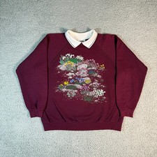 Vintage Morning Sun Sweatshirt Size Large Collard Floral Graphic Print Maroon