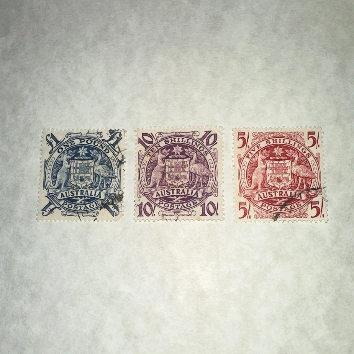 Australia Coat of Arms Stamp x 3 - 1 Pound, 10/-, 5/- Used Hinged