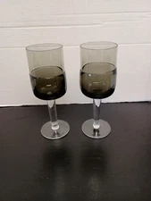 Vintage Pair Pier 1 Smokey Tint Double Dipped Blown Glass Water Wine Goblets 