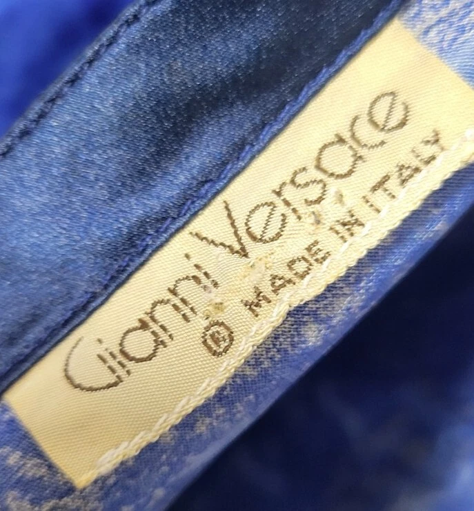 GIANNI VERSACE blu vintage bellissimo abito con dettaglio in vita taglia 8 ottime condizioni