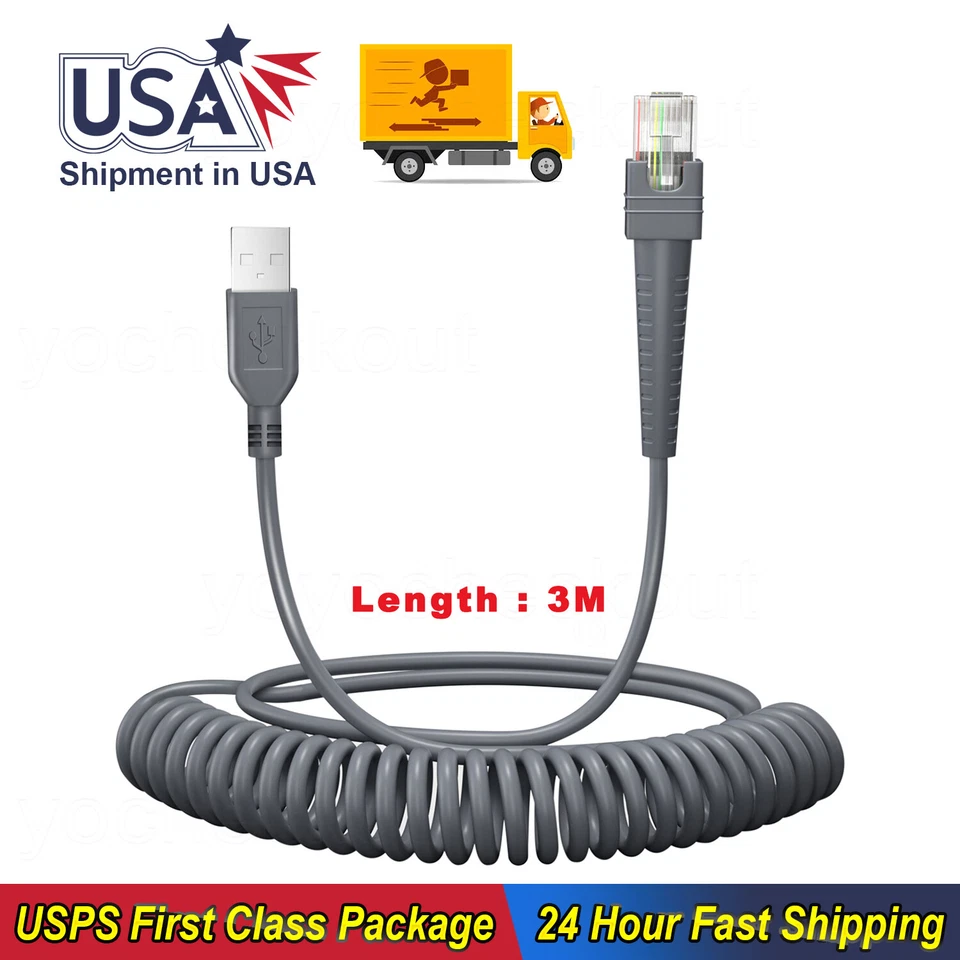 3M Coiled Cable USB A to RJ45 For Zebra DS6608 DS4208 DS6878 DS6878-SR DS9208