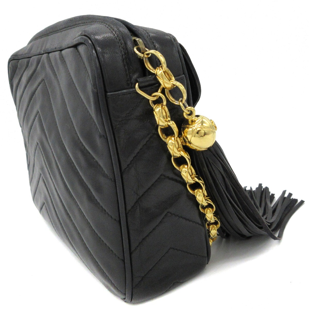 CHANEL CC V Stitch Chain Shoulder Bag Fringe Leather Black
