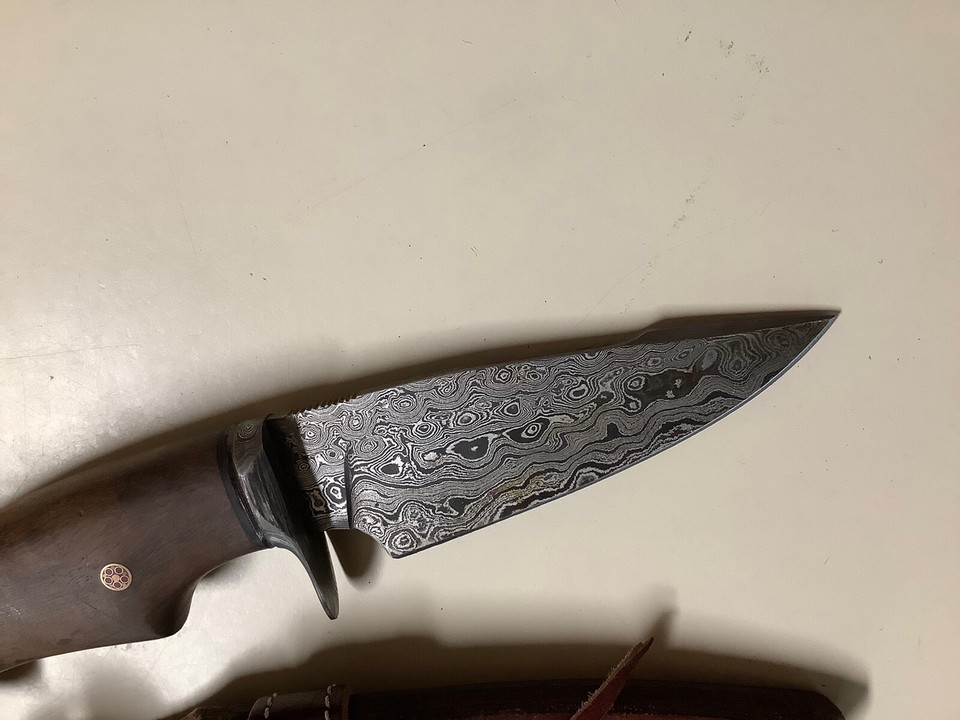 Bobcat Custom Knives Damascus Fix Blade Knife Wood Handle Leather