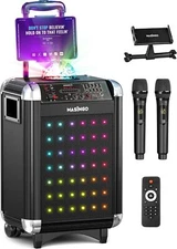 MASINGO Karaoke Machine w/ 2 Wireless Mics & Disco Lights – Portable System