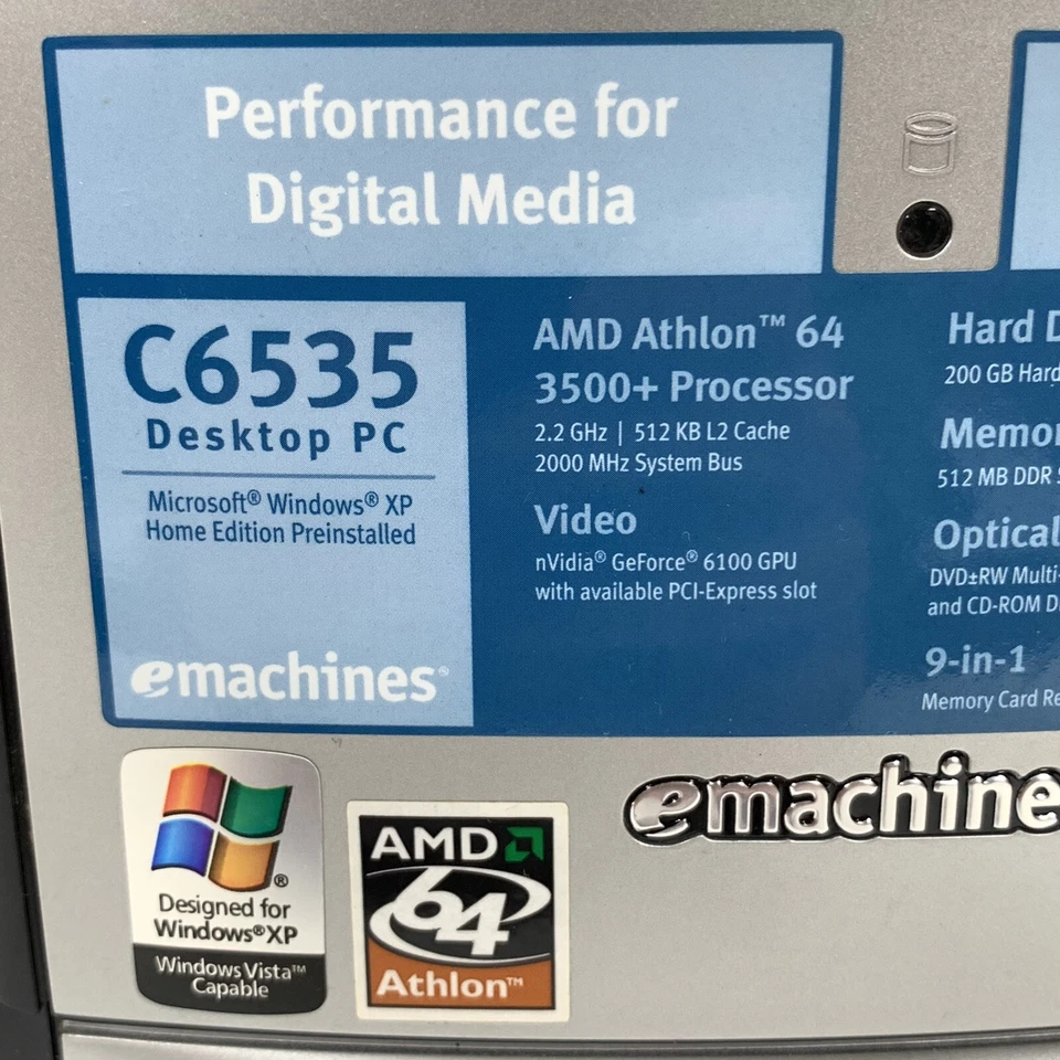 eMachines C6535 AMD Athlon 64 3500+ Processor Nvidia GeForce 6100 GPU NO HDD - Image 2 of 4