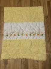 1970s Baby Quilt Comforter Blanket Yellow Gingham Stitched Bunnies Carrots