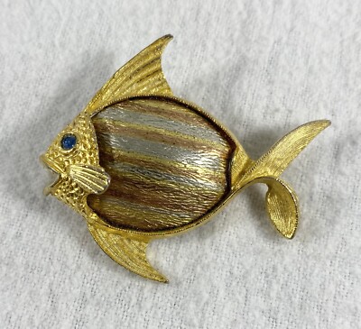 Vintage JJ Jonette Jewelry Sunfish Brooch Goldtone Rhinestone