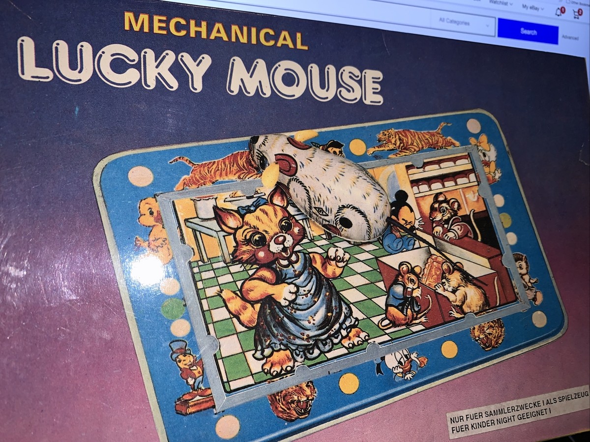 MECHANICAL LUCKY MOUSE with box reproduction tin toy great