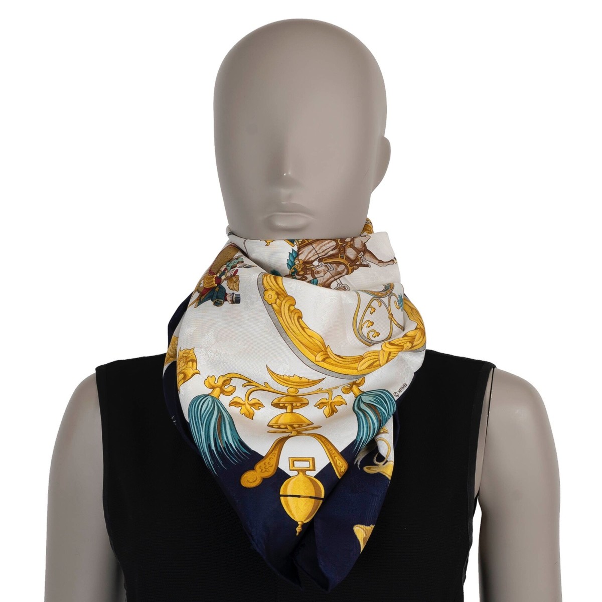 71043 auth HERMES blue silk PLUMES ET GRELOTS 90 Jacquard Scarf | eBay