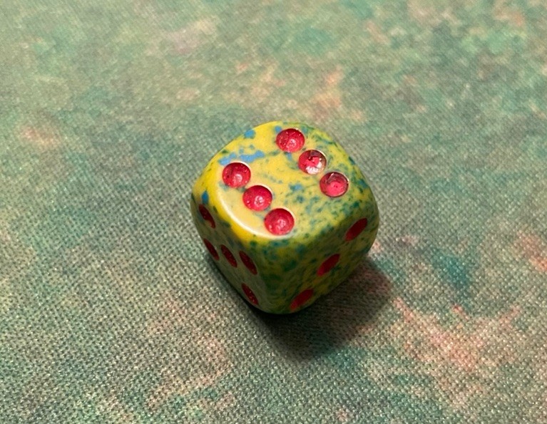 Speckled ADONIS 14mm d6 Die CHESSEX OOP Yellow Green with Red Pips