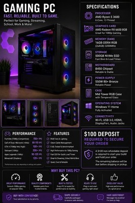 AMD Ryzen 5 3600 Gaming PC Radeon RX 6600 16GB RAM 500GB SSD Windows 11 Home