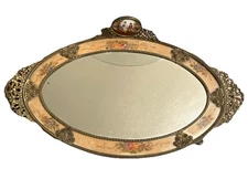 Antique French Vanity Mirror Enamel Scene Filigree Baroque Rococo 18.5” x 9.5”