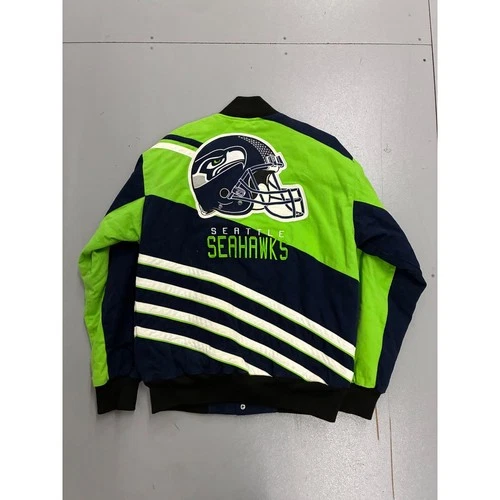 NFL Seattle Seahawks Varsity Jacket Mens Medium Navy Lime Green Cotton Twill image 2