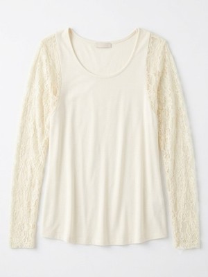 Una Bella Lace Long Sleeve Top Cream Ivory Viscose Knit Blouse Romantic Boho L