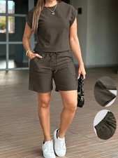 Women  s Two-Piece Loungewear Set   Slim Fit Short Sleeve Top  Solid Color Short