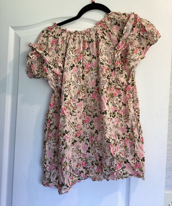 Rose + Olive Pink Green Floral Off Shoulder Ruffle Woven Rayon Blouse 1X EUC