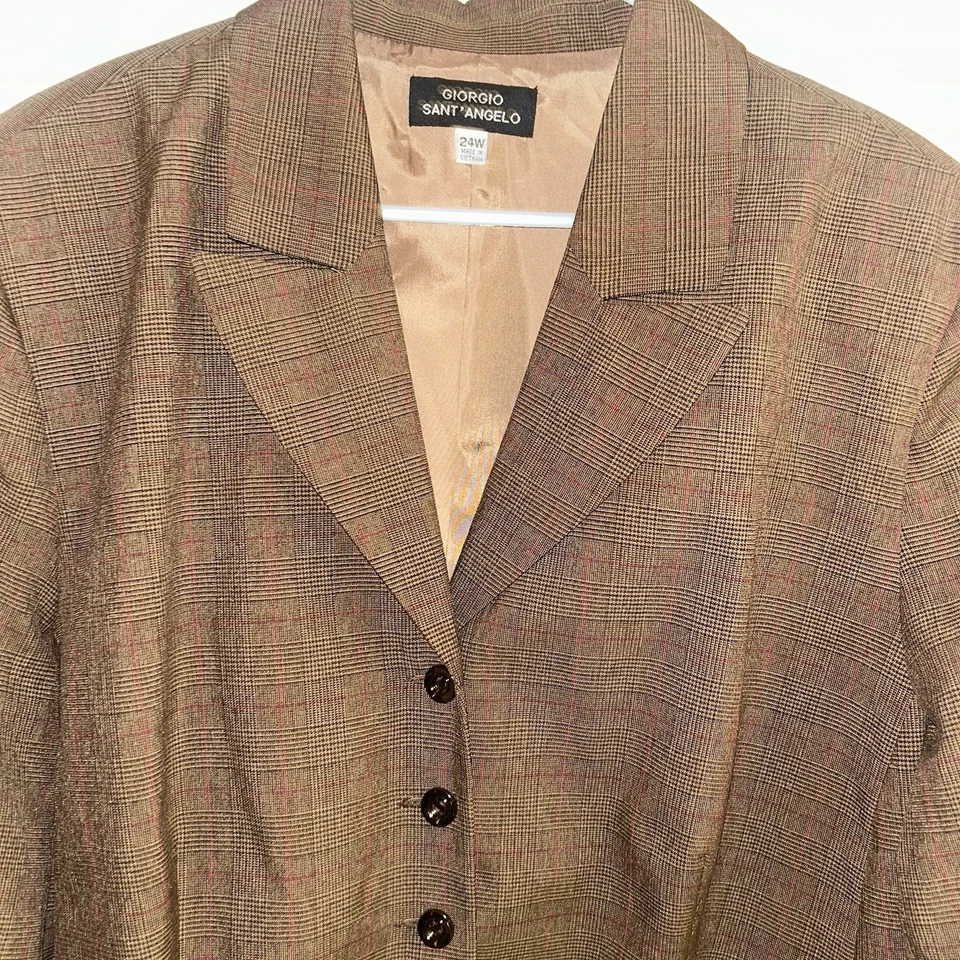 Conjunto de falda blazer plisada a cuadros marrón vintage de Giorgio Sant Angelo para mujer 24 W Foto 3 de 4