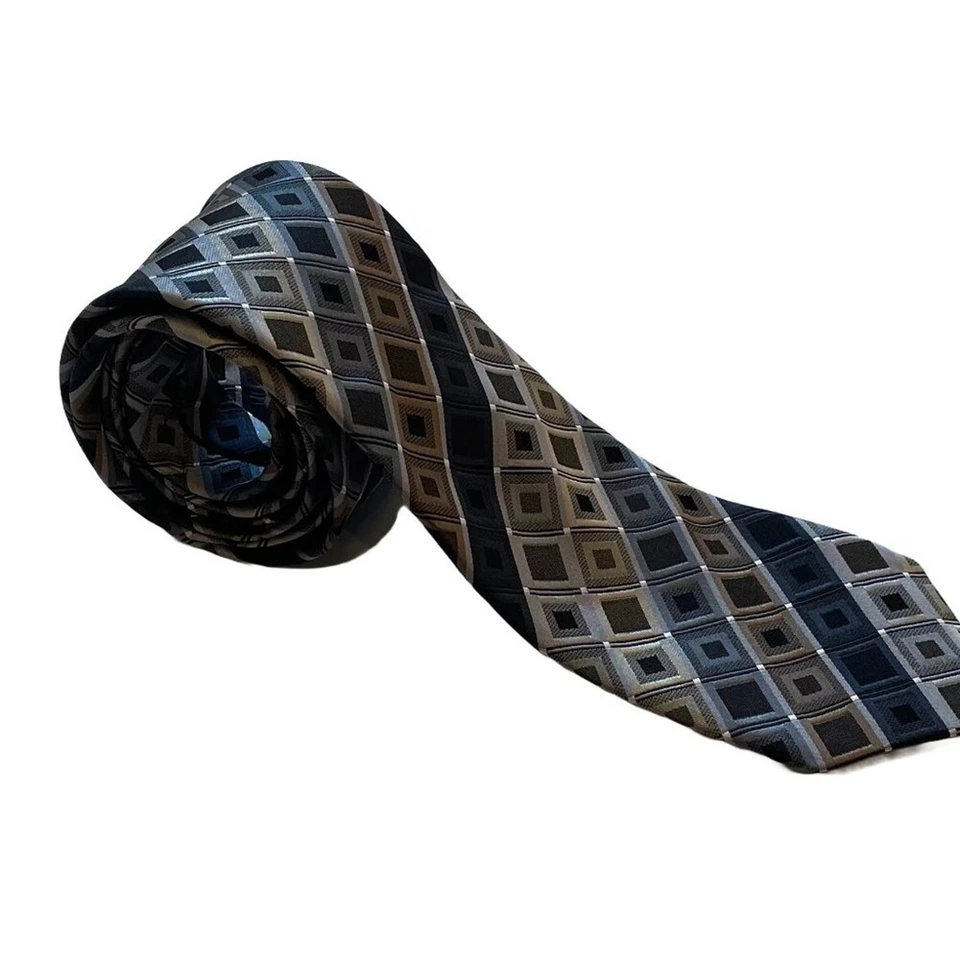 Corbata de seda Kenneth Cole plateada, dorada, negra, azul marino con estampado geométrico/cuadrado 57" Foto 4 de 4