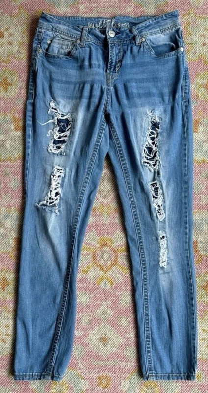 Wallflower Distressed Blue Fashion Jeans – Medium Wash Destroyed Denim