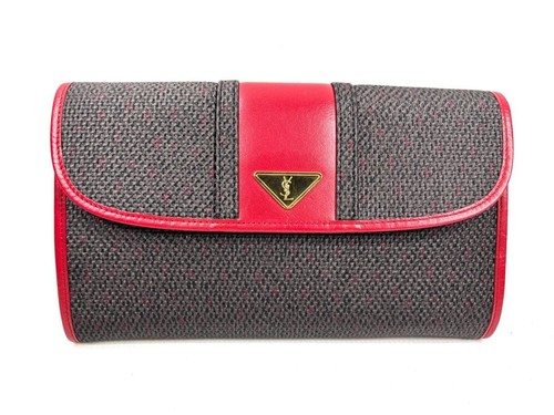 Yves Saint Laurent Clutch Bag PVC Leather Red Black Logo Used Japan
