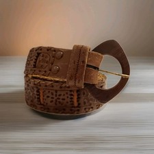VTG Hand Tooled Belt Carved Wood Buckle Leather Cut Out Western 37.5 in Womens S