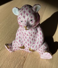 Herend Hand Painted Pink Fishnet Bear Figurin...