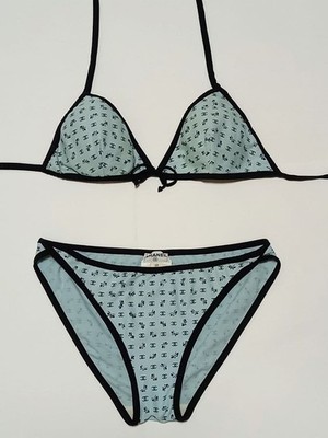 CHANEL Bikini Swimwear Set Size 38 Light Blue Black Logo Luxury