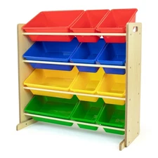 Primary Toy Storage Organizer with 12 Plastic Storage Bins, Natural/Primary