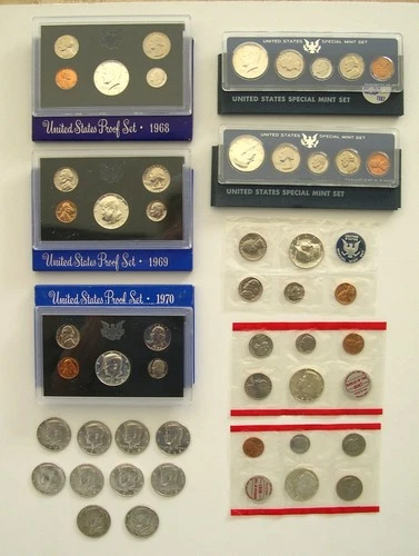 18 Kennedy Half Dollars 40% Silver: With Some Proof & Uncirculated Sets As Shown
