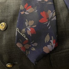 Vintage Oscar de la Renta Studio Tie Mens Navy Floral Silk Blend Made in USA 90s