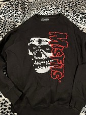 Misfits Skull Graphic Embroidered Fleece Pullover Sweatshirt Black Crew Neck S