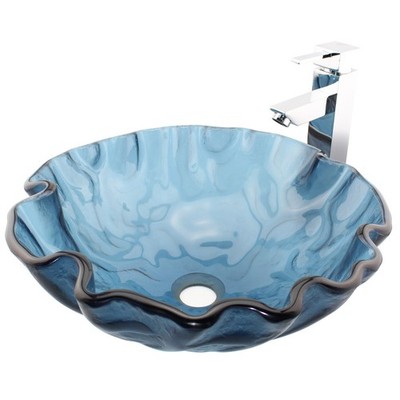 Bathroom 16.5'' Glass Vessel Sink Artistic Vanity Countertop Round Basin Blue
