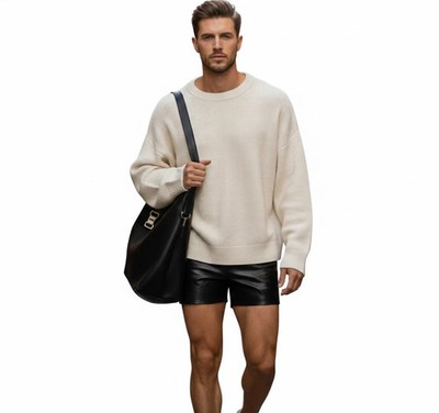 New Stylish Handmade Genuine Lambskin Leather Men's Black Short Pant Gym Sports