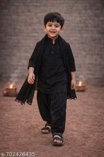 Black Pathani Kurta Pajama Set for Boys with Stole Kids Ethnic Wear Party dress