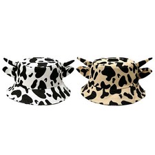 Cow Print Fisherman Hat with Horns  Ears Cute Bucket Hat Summer Wide Brim C