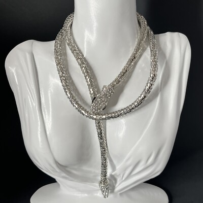Snake Scale Mesh Necklace Lariat Silver Tone Rhinestone Magnetic Wrap 32 