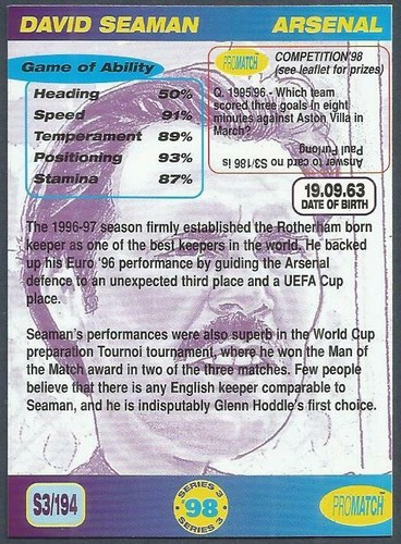 PROMATCH 98-SERIES 3- #194-ARSENAL & ENGLAND-DAVID SEAMAN - Picture 2 of 2