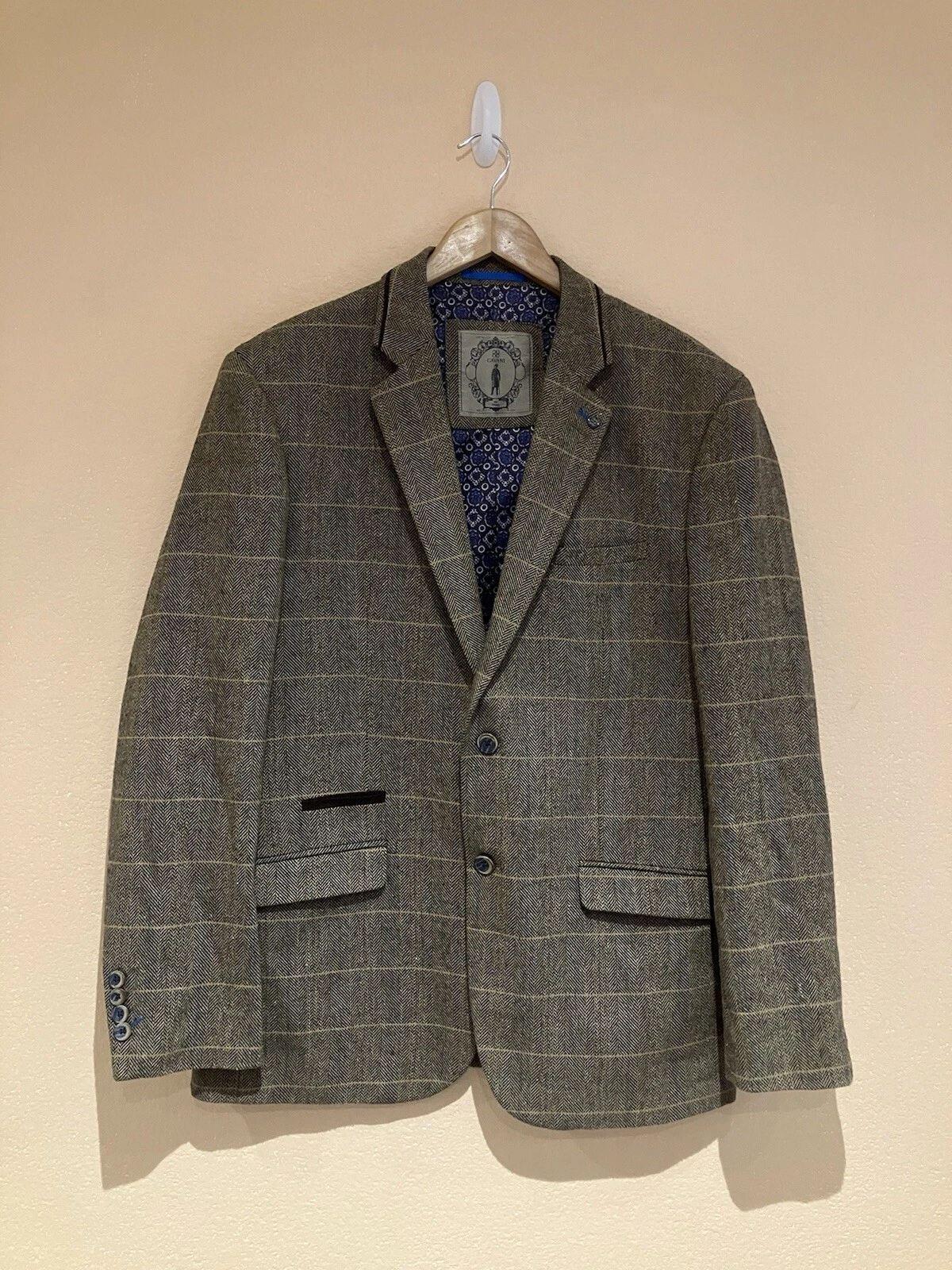 Cavani Mens Khaki Check Wool Blend Blue Thread Blazer Jacket Size 42R