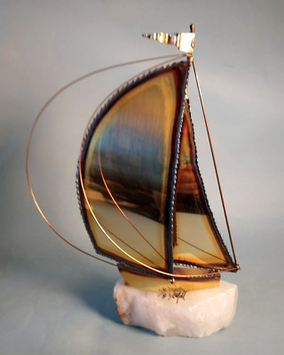 Vintage De Mott Copper Sailboat Sculpture on Stone Base Nautical Signed 10''