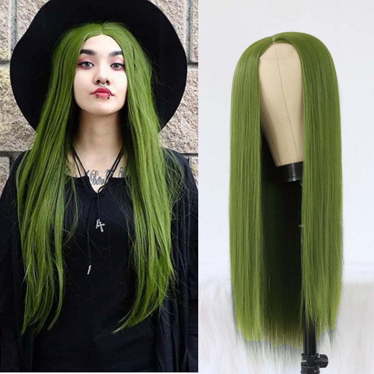Olive Green Synthetic Hair Lace Wigs Long Straight Green Color