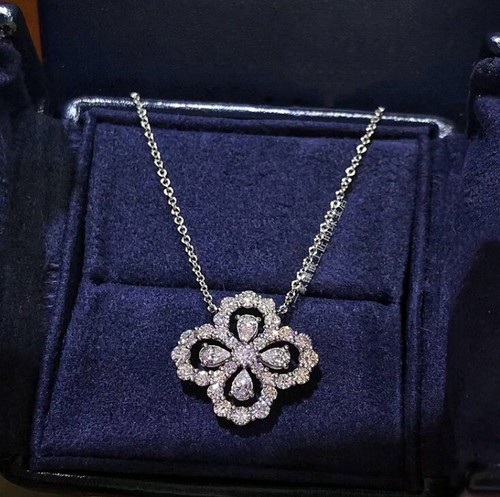 Silver Titanium Flower Clover Pave Pear Cubic Zirconia Pendant Chain Necklace
