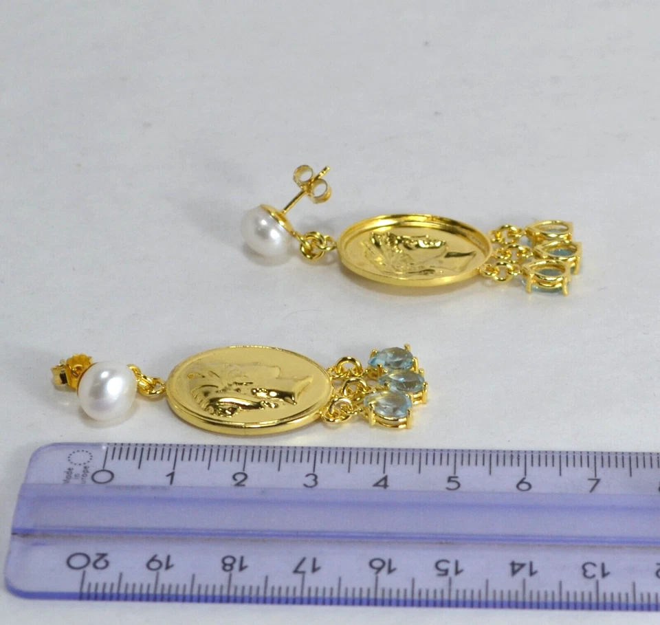 ORECCHINI ARGENTO 925 DORATI PERLE D'ACQUA DOLCE GOCCE TOPAZIO AZZURRO AGHT 0965 - Immagine 3 di 3