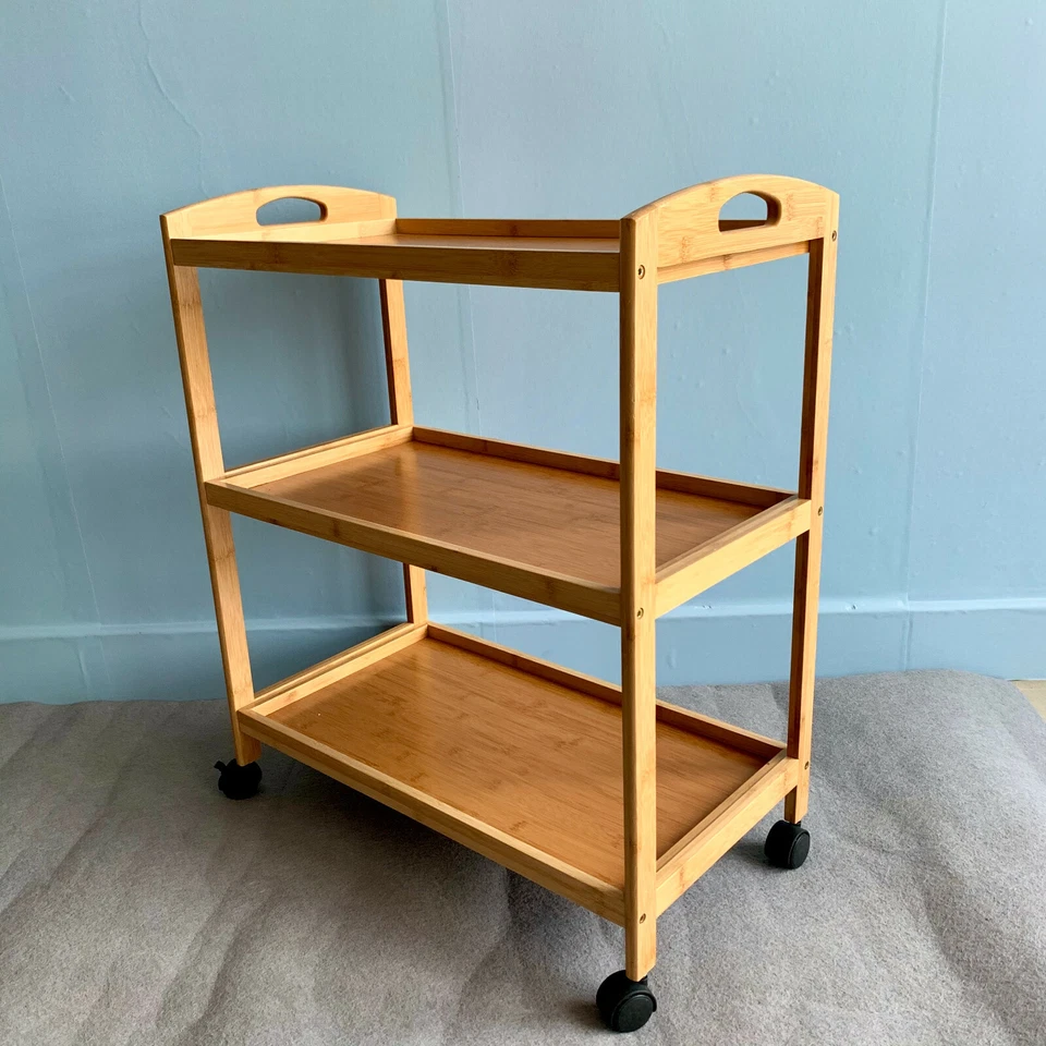 Bamboo 3 Tier Kitchen Storage Rack Tea Serving Trolley Island Cart With Wheels - Image 4 of 4