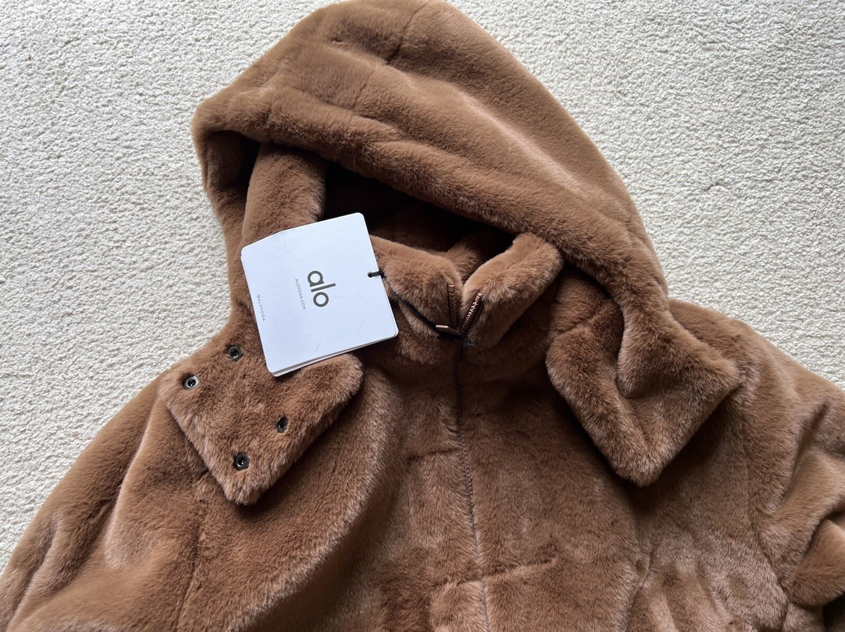 ALO YOGA FAUX FUR FOXY JACKET CHOCOLATE BROWN Removable Hoodie
