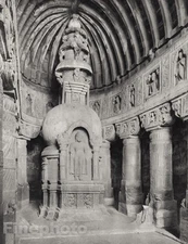 1928 Original INDIA Ajanta Cave Buddha Statue Architecture Photo By HURLIMANN