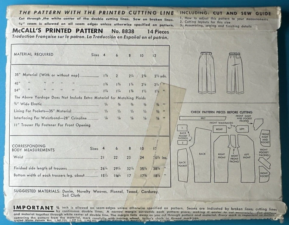 Boys Dress Slacks Pants Pattern McCalls 8838 1950's Retro Vintage Size 4 W 21 - Image 2 of 3